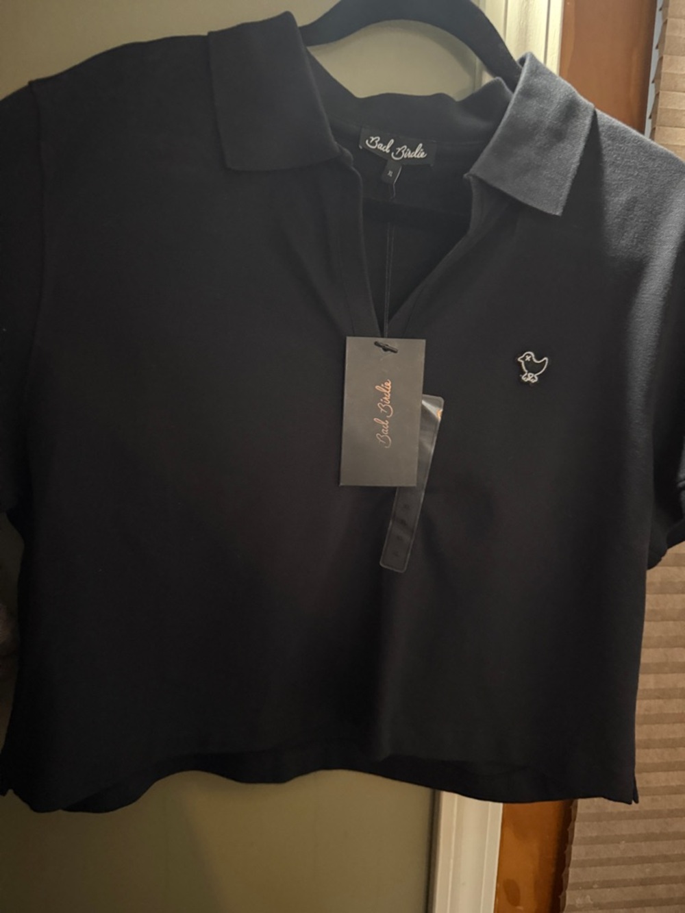 Bad Birdie Black Cropped Polo with Embroidered Bird